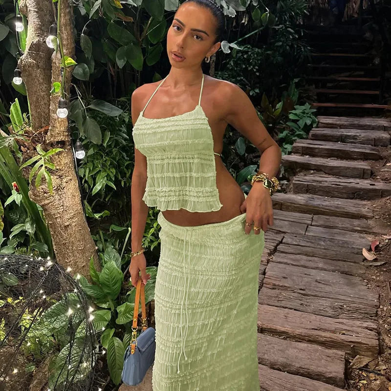 Damen Zweiteiler – Gerafftes Halter-Top, Midirock mit Tunnelzug, Strukturiert-83709-1a8d634d-78d1-4e40-b513-8f417dbed9c3