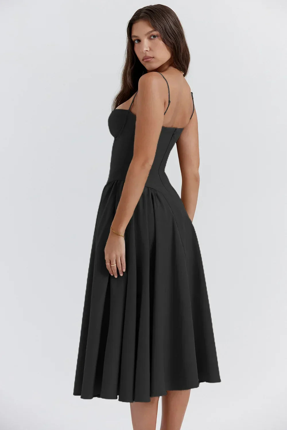 Damen Midi-Kleid mit Spaghettiträgern, plissiertem Rock und Taschen – Elegant-83506-1d16ad11-4819-45ae-904d-378964f2ae97