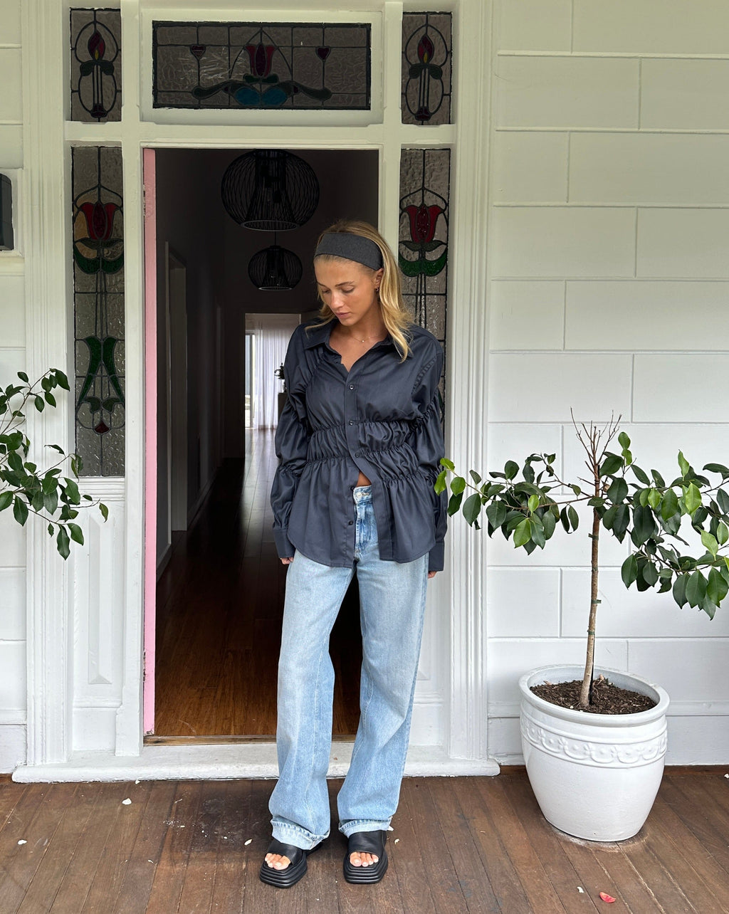 Damen Bluse mit geraffter Taille und Ärmelbündchen – Knopfleiste, Elegante Passform-83304-1d860f61-ab09-4f82-a06b-081d67abf322