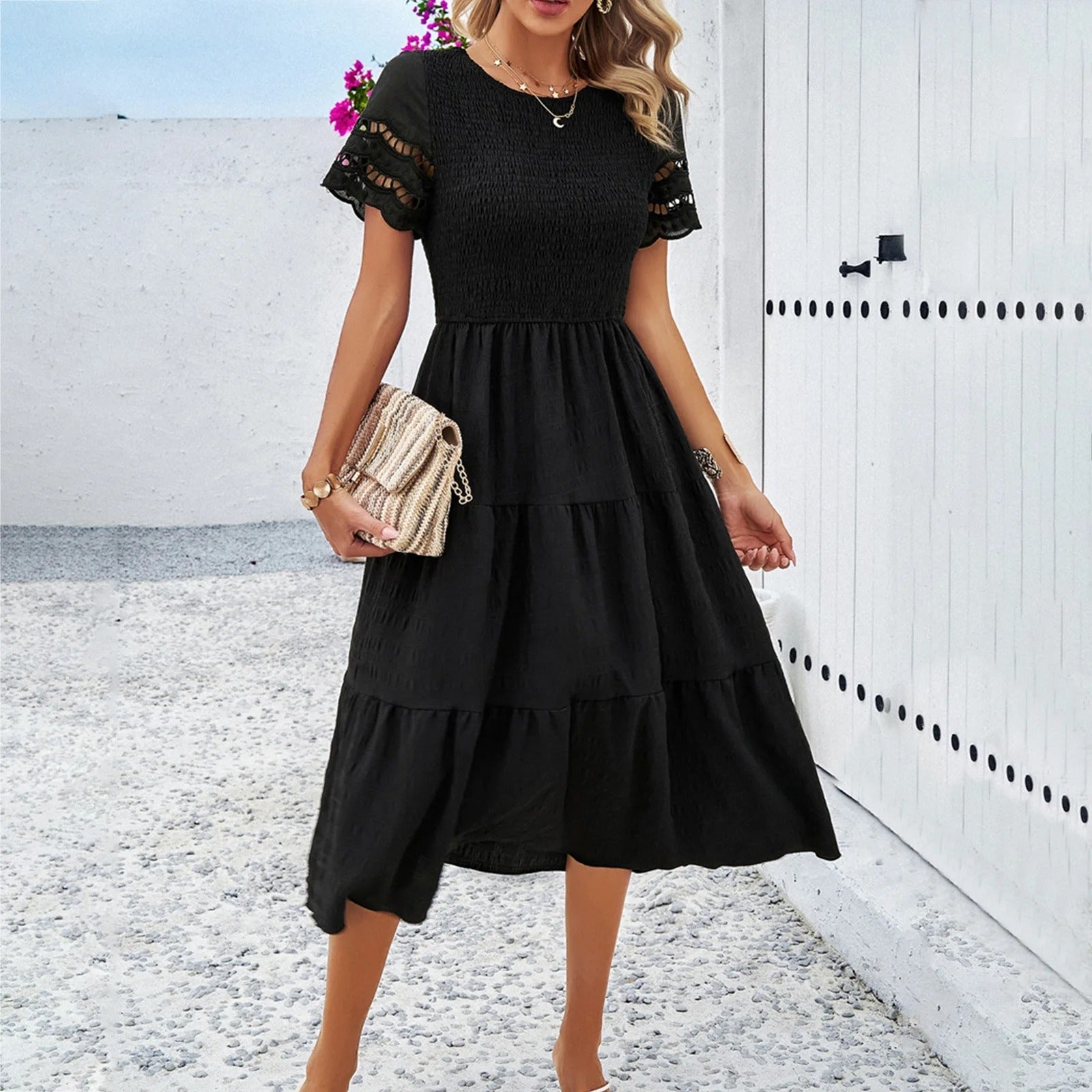 Damen Kleid mit Smock-Oberteil, kurzen Ärmeln, Lochstickerei & Stufenrock-81836-210206f1-0011-4b99-8b9c-557599fb0688