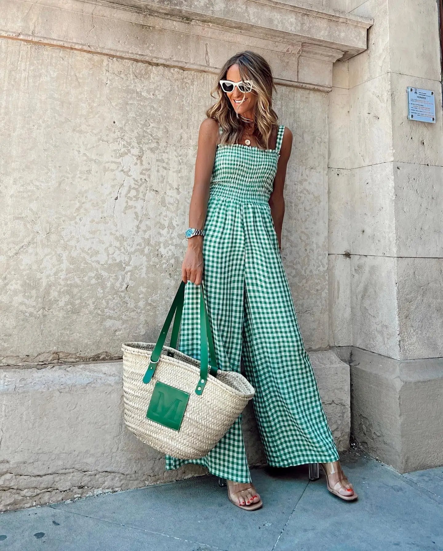 Gingham Jumpsuit mit weitem Bein
