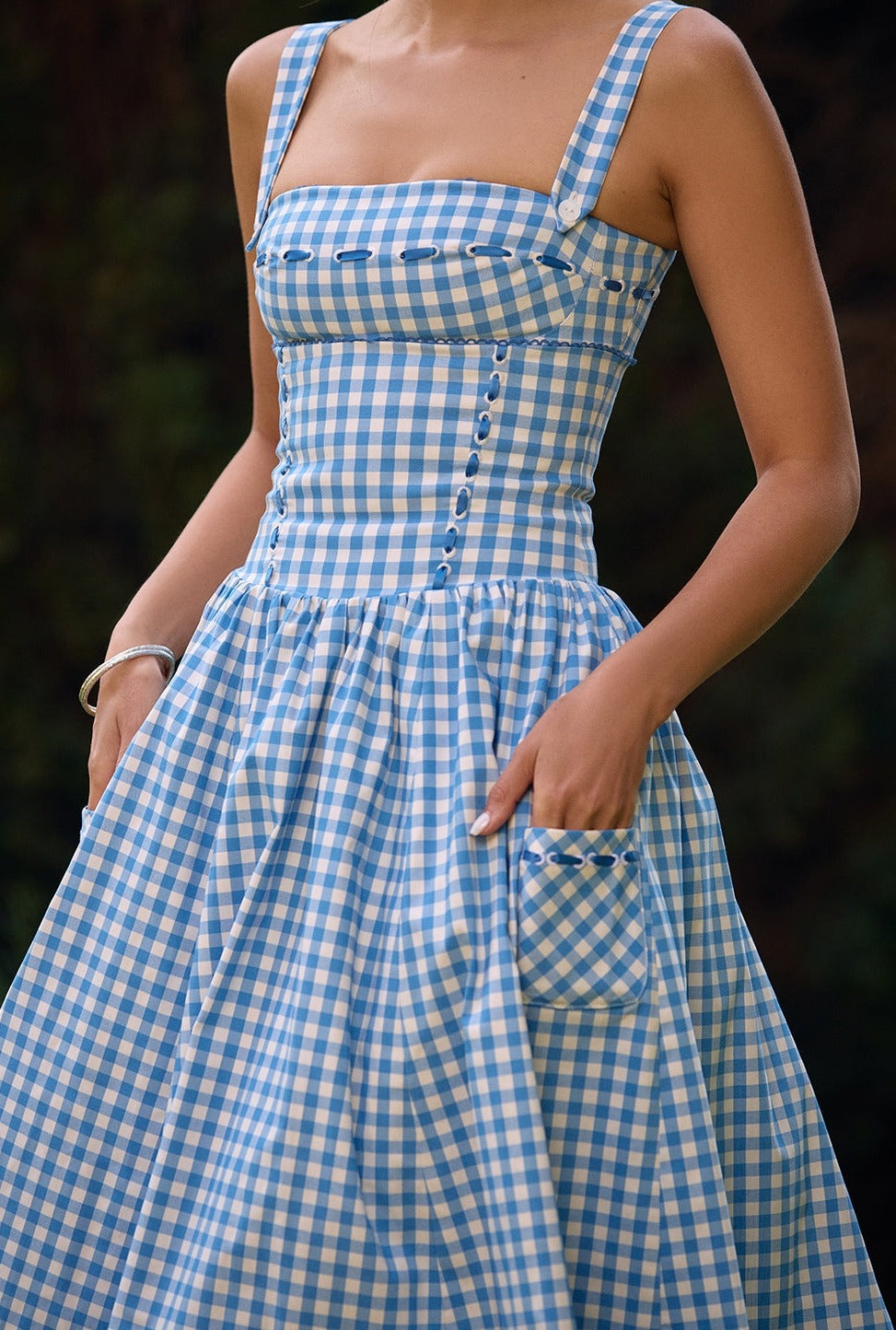 Damen Gingham Kleid – Eckiger Ausschnitt, Knopfdetails, Klassischer Stil-83592-278bf64e-4581-4afb-b158-7d26e6397d04