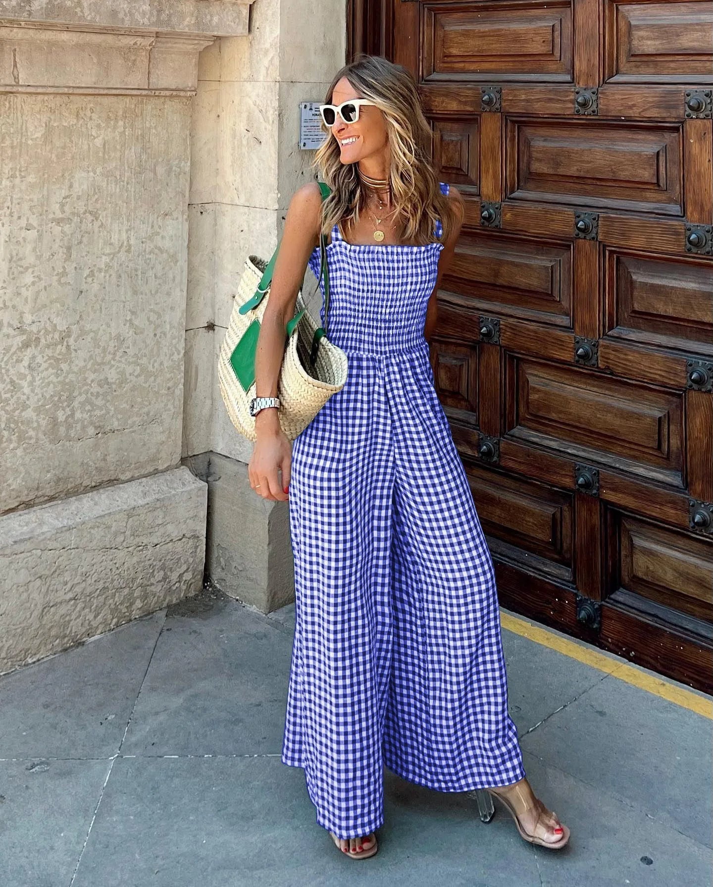Gingham Jumpsuit mit weitem Bein
