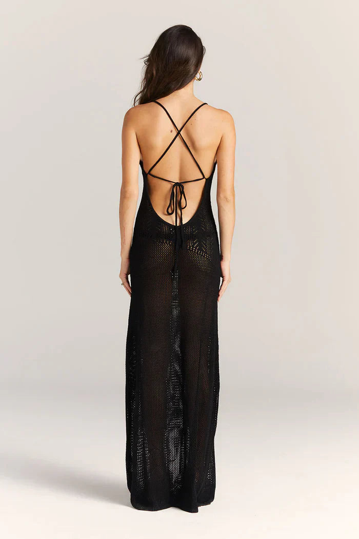 Kleidhaus Damen Strick Maxi-Kleid – Offenes Design, Florale Cutouts, Spaghetti-Träger-83282-33934ffd-793c-4c34-a109-774abf7bb620