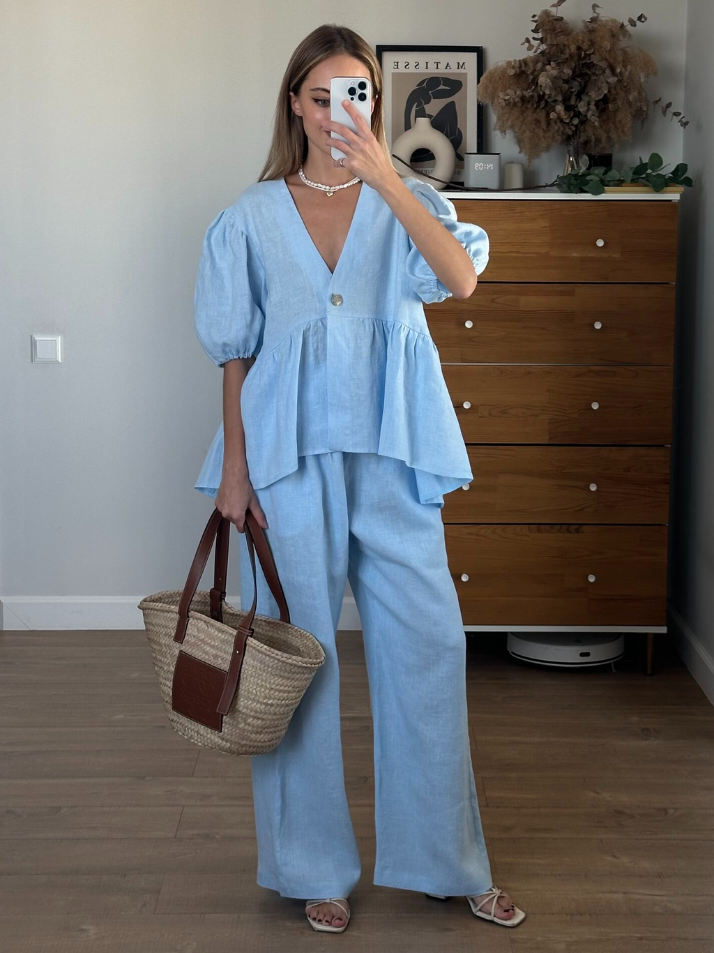 Kleidhaus Damen Leinen Zweiteiler – V-Ausschnitt Top, Puffärmel, Weite Hose-83274-350be112-09bf-4698-93ad-a45ce3b240ee