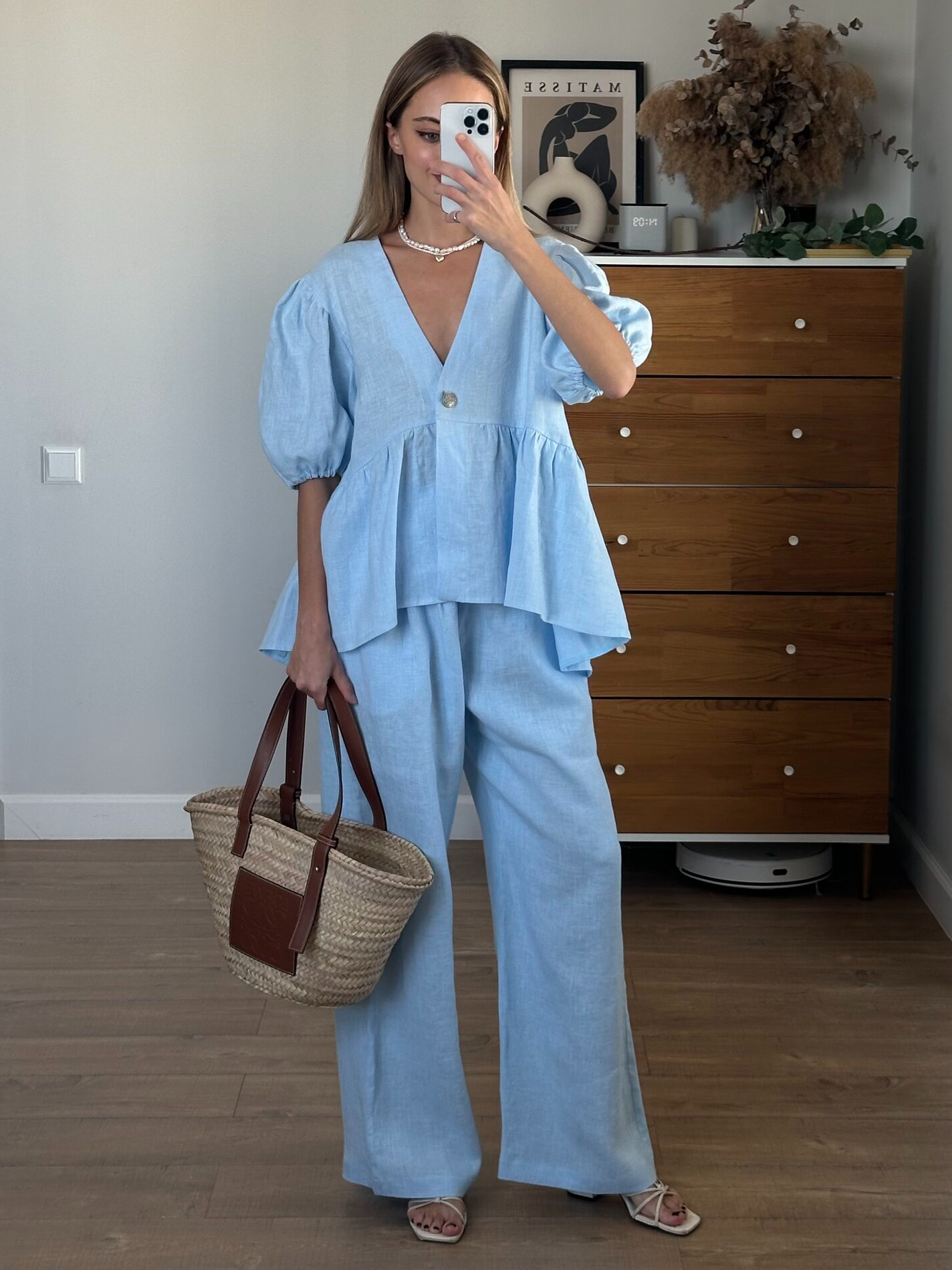 Kleidhaus Damen Leinen Zweiteiler – V-Ausschnitt Top, Puffärmel, Weite Hose-83274-350be112-09bf-4698-93ad-a45ce3b240ee