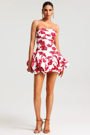 Damen Trägerloses Kleid – Blumenmuster, Strukturiertes Oberteil, Volantrock-83685-35404da7-15a4-4609-ae42-4a20db7d8908
