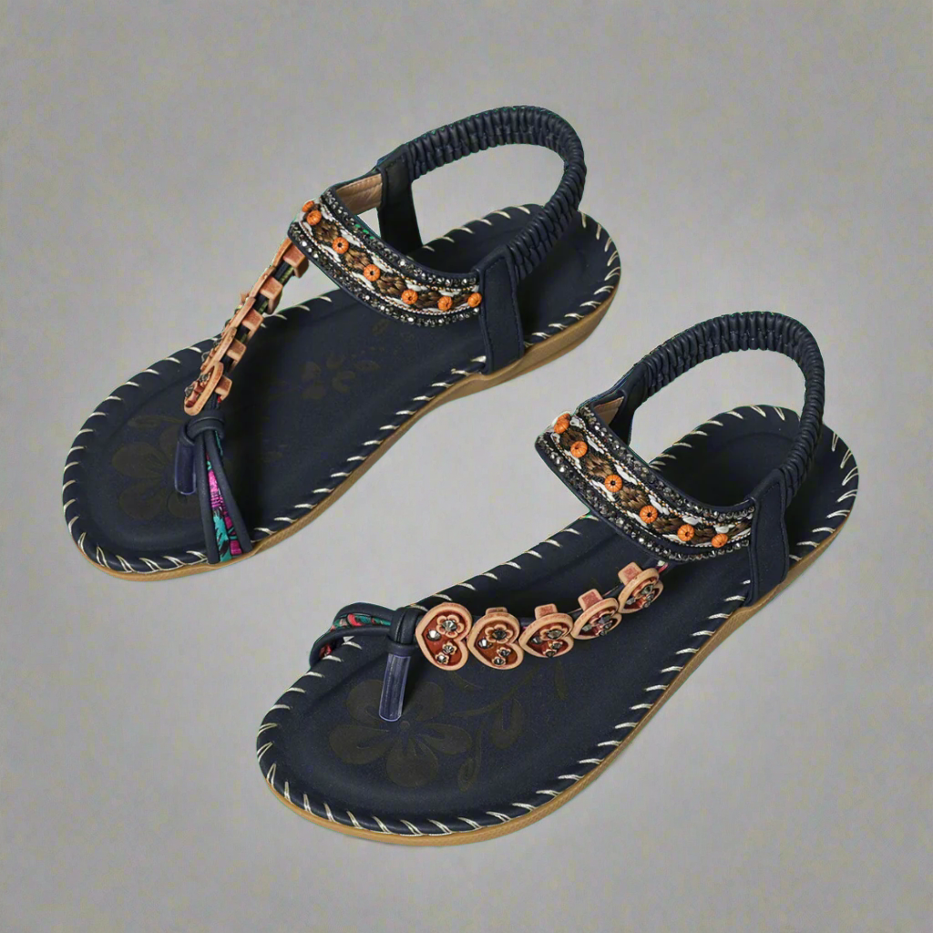 Damen Sandalen Flach – Verzierte T-Riemen mit Perlen & Blumen Details-83364-38c6a728-5797-460a-a8db-830c4f25b5e6