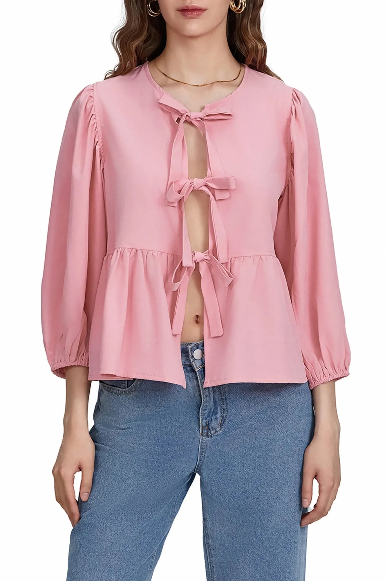Kleidhaus Damen Bluse mit Schleifendetail, Schößchensaum & Dreiviertelärmeln – Verschiedene Farben-83302-3a4a81a6-48d8-4824-8166-4c1fb97996e9