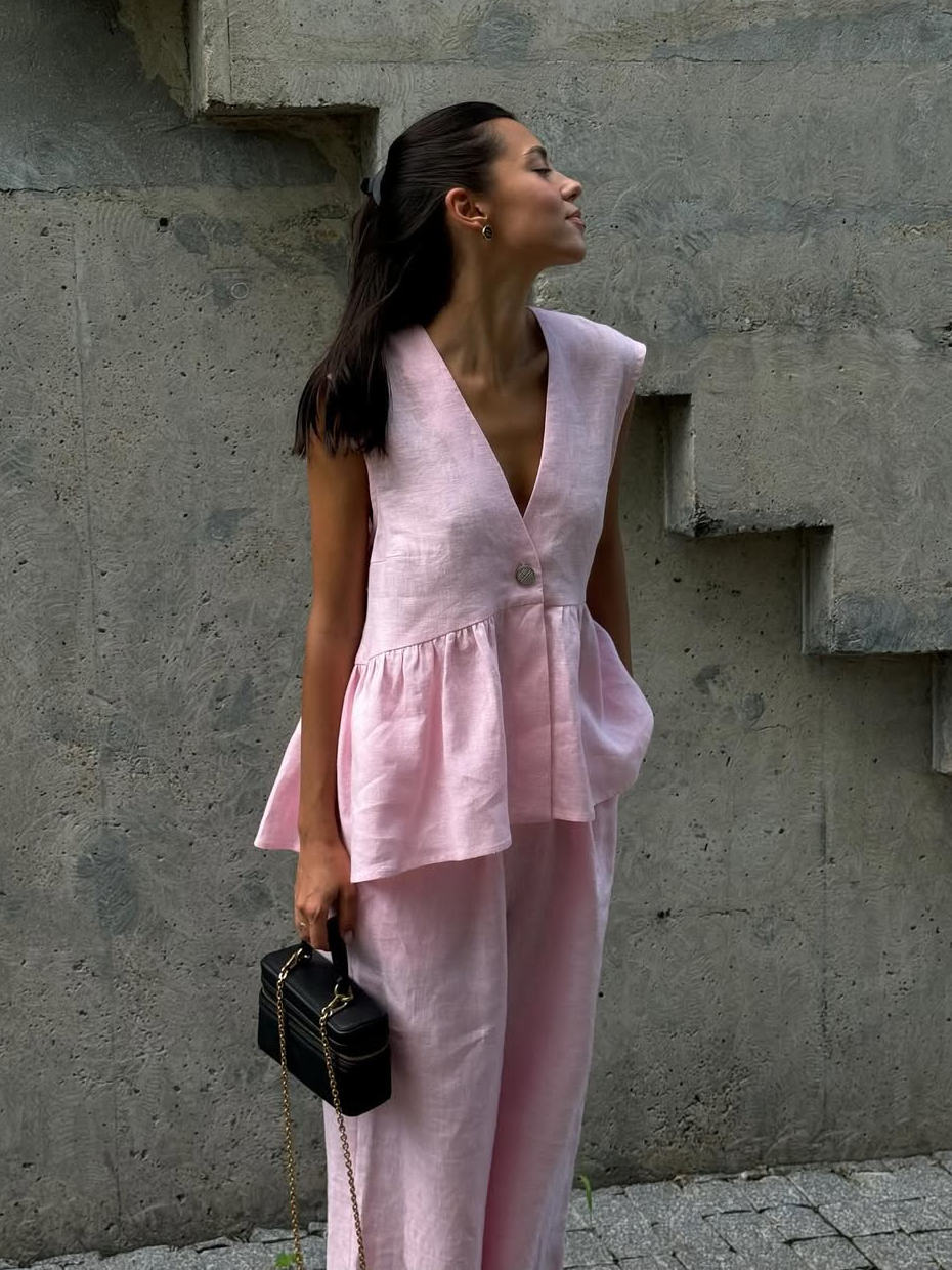 Kleidhaus Damen Leinen Zweiteiler – Atmungsaktives Ärmelloses Top & Weite Hose mit V-Ausschnitt-83272-3a951ff5-e144-4189-8b3b-dc87d849c333