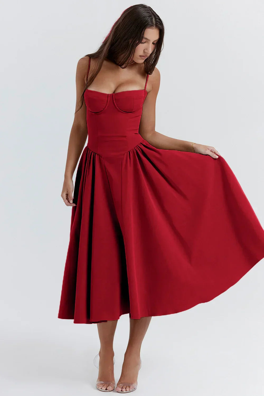 Damen Midi-Kleid mit Spaghettiträgern, plissiertem Rock und Taschen – Elegant-83506-3bb099d9-b45a-44df-a19a-7ab32cfe251f