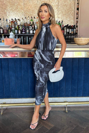 Midi-Kleid mit Halter und Aquarell-Effekt