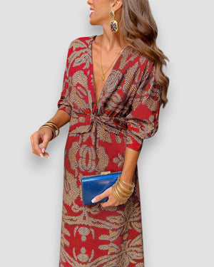 Damen Kleid Langarm V-Ausschnitt Print Knotendetail Elegant-83293-3db0d1cf-bdaa-4a3e-a226-05625cfaa32d