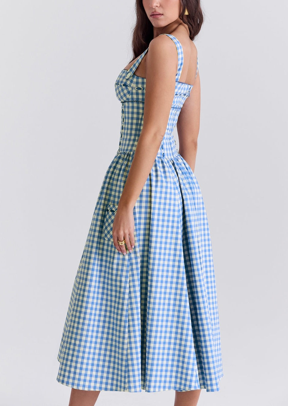 Damen Gingham Kleid – Eckiger Ausschnitt, Knopfdetails, Klassischer Stil-83592-408ad8e2-d51b-4e59-9988-dc96a80d2de5