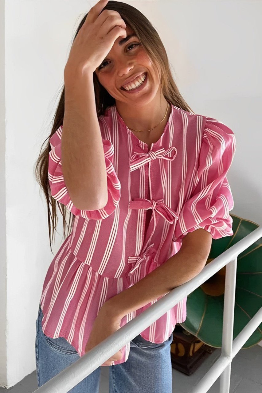 Kleidhaus Damen Bluse – Rosa Weiß Gestreift, mit Schleifen, Kurzarm-83300-422cd29c-5c29-4809-bb38-7076bec47aca