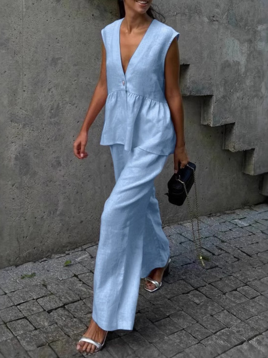 Kleidhaus Damen Leinen Zweiteiler – Atmungsaktives Ärmelloses Top & Weite Hose mit V-Ausschnitt-83272-4ab44557-d8ed-4597-9d20-fd4405e2063a