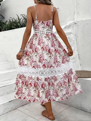 Geblümtes Midi-Kleid mit Spitze