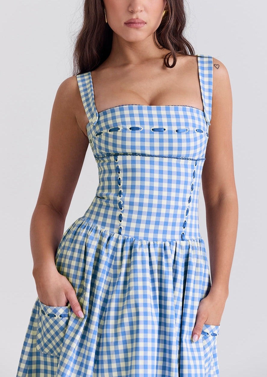 Damen Gingham Kleid – Eckiger Ausschnitt, Knopfdetails, Klassischer Stil-83592-4fdb9d00-b93d-4ace-bf13-3d9613a8dbc4