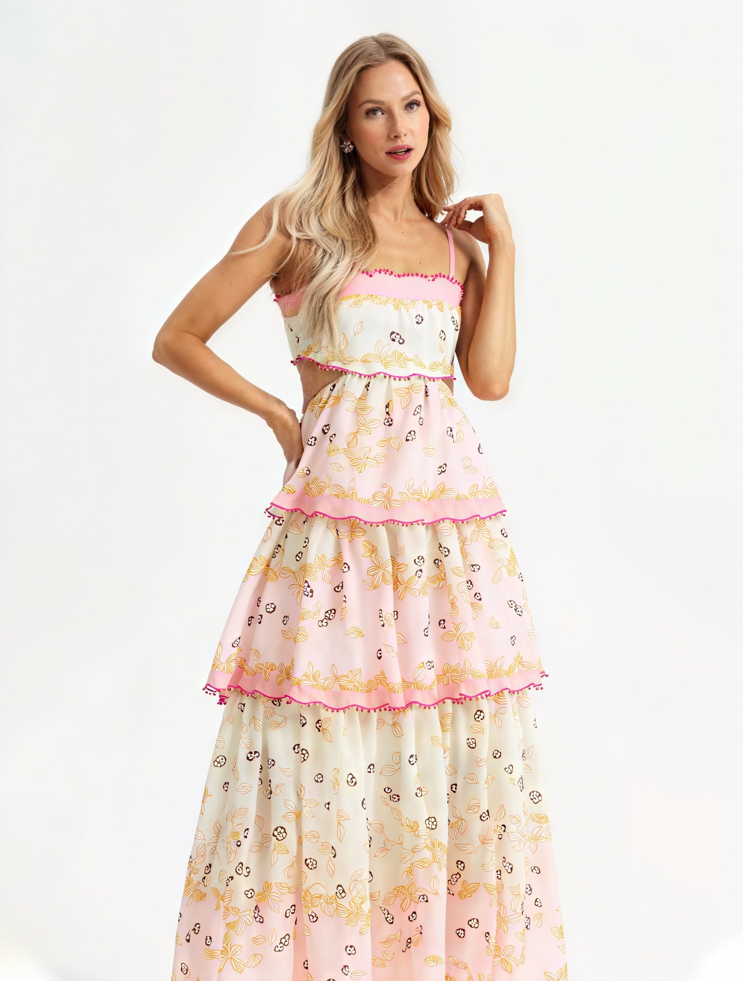 Geblümtes Midi-Kleid mit Stufenrock