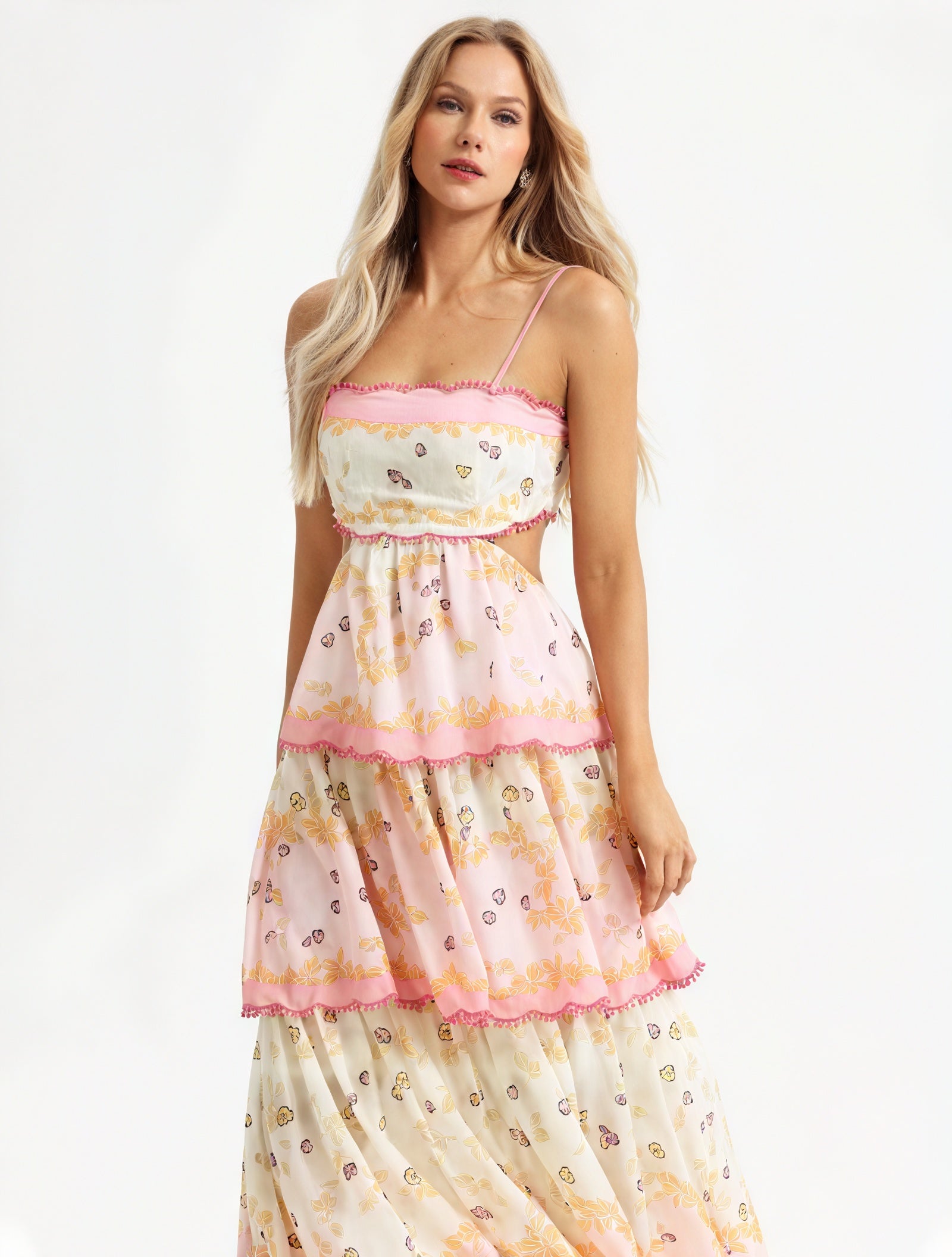 Geblümtes Midi-Kleid mit Stufenrock