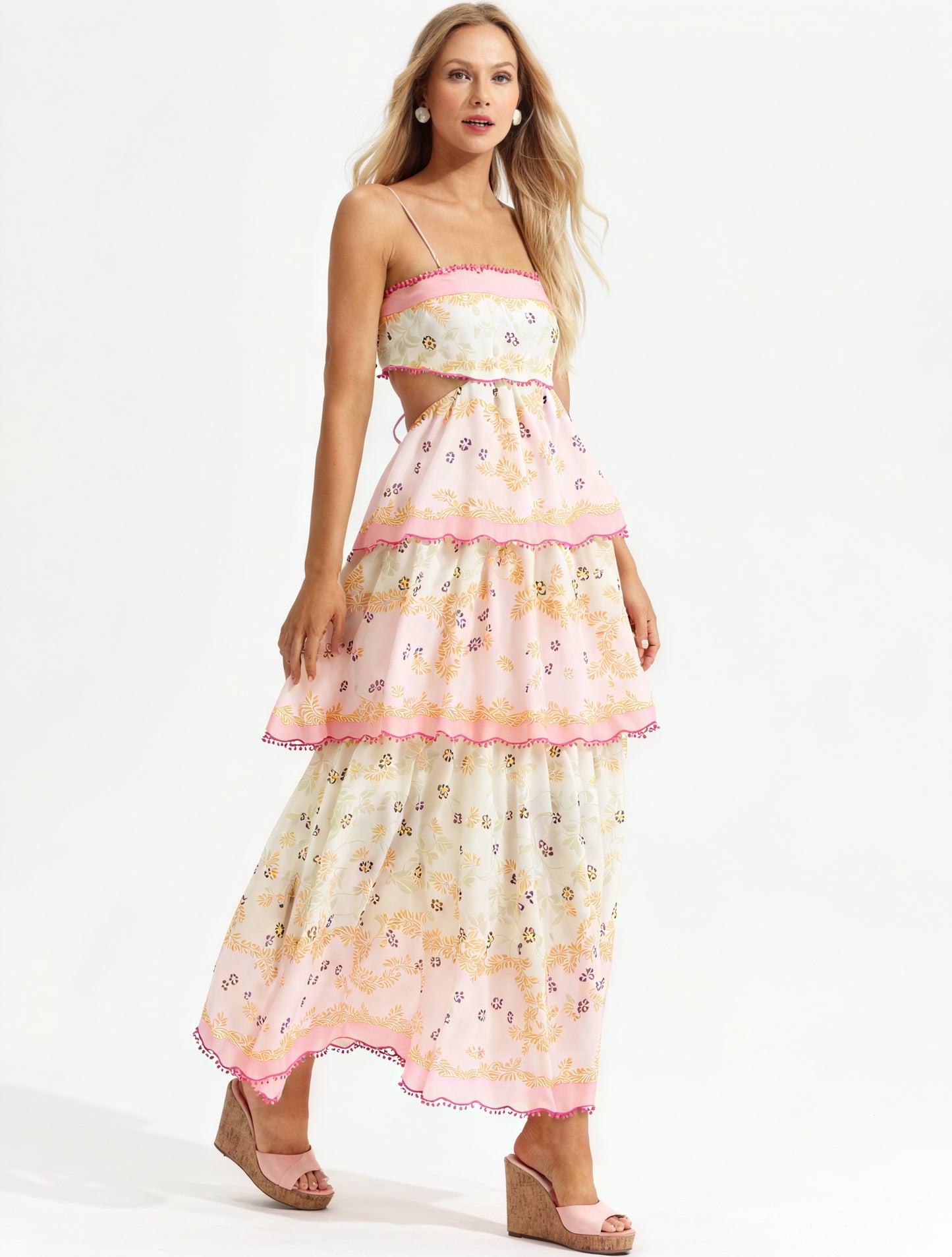 Geblümtes Midi-Kleid mit Stufenrock