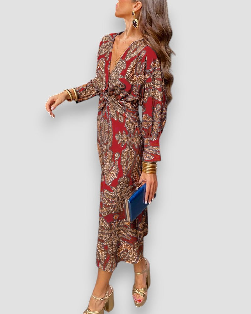 Damen Kleid Langarm V-Ausschnitt Print Knotendetail Elegant-83293-5461d593-785a-4777-8474-57faeff54d33