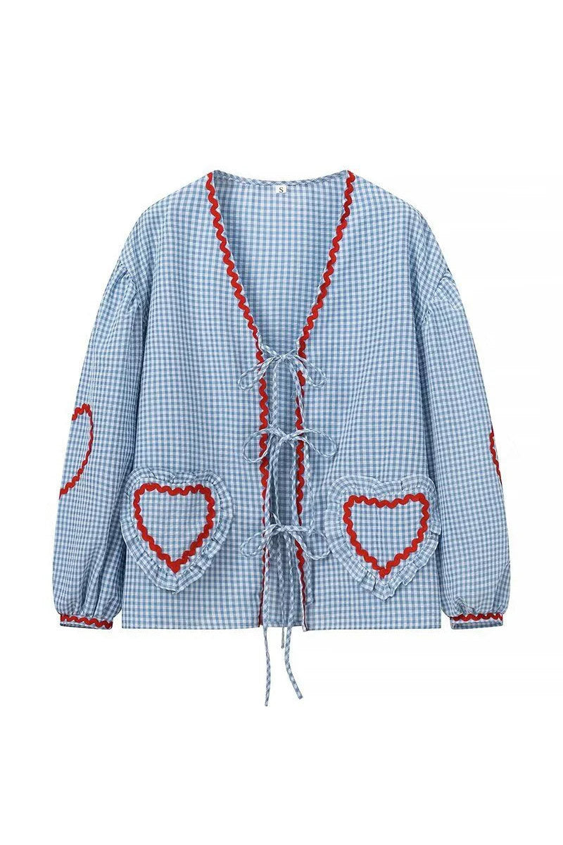 Damen Bluse – Gingham, Herz-Taschen, Bindedetail, Roter Saum, Langarm-83307-54f3a0d1-9fa1-42cc-9ee0-49ca009f5f1c