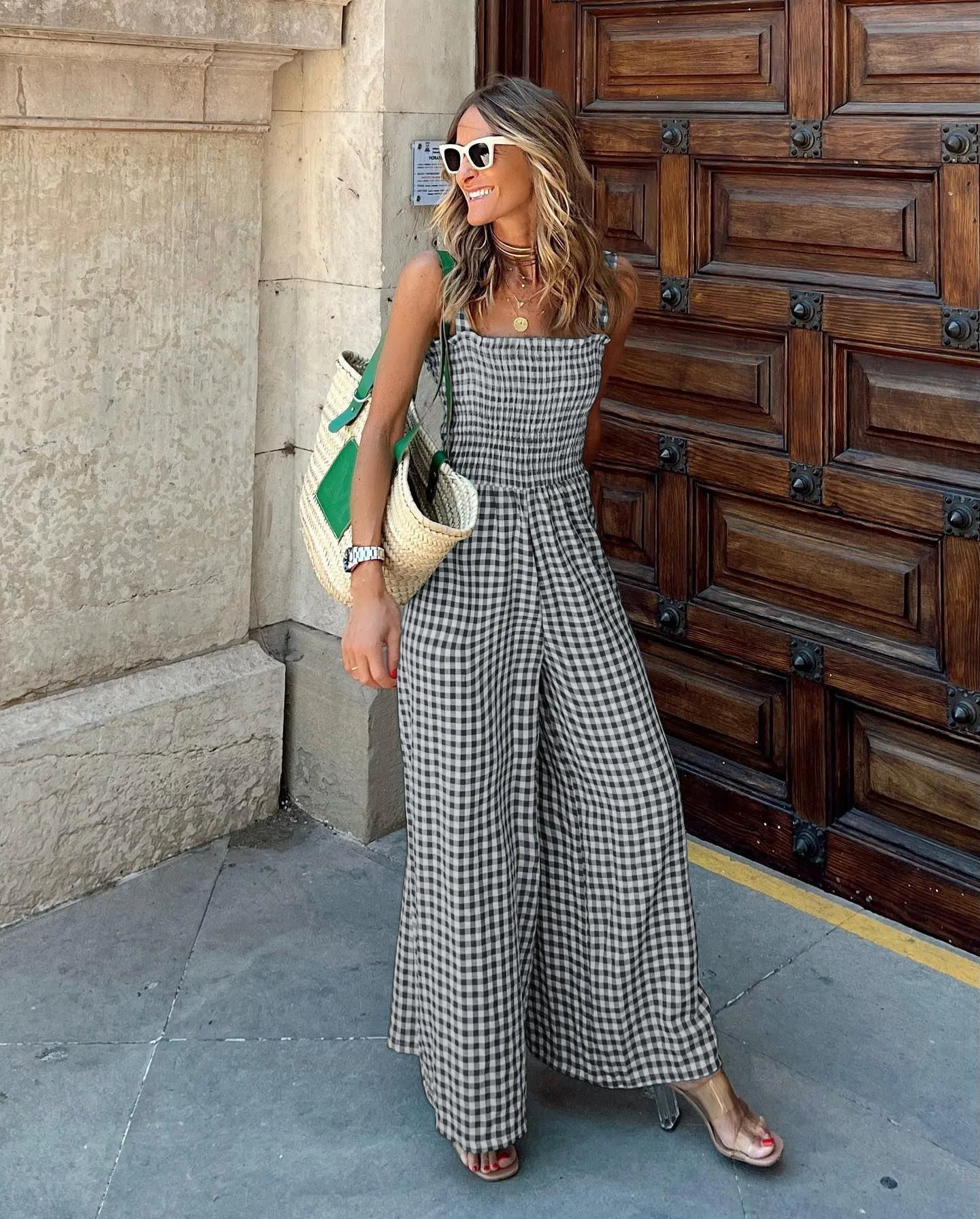 Gingham Jumpsuit mit weitem Bein