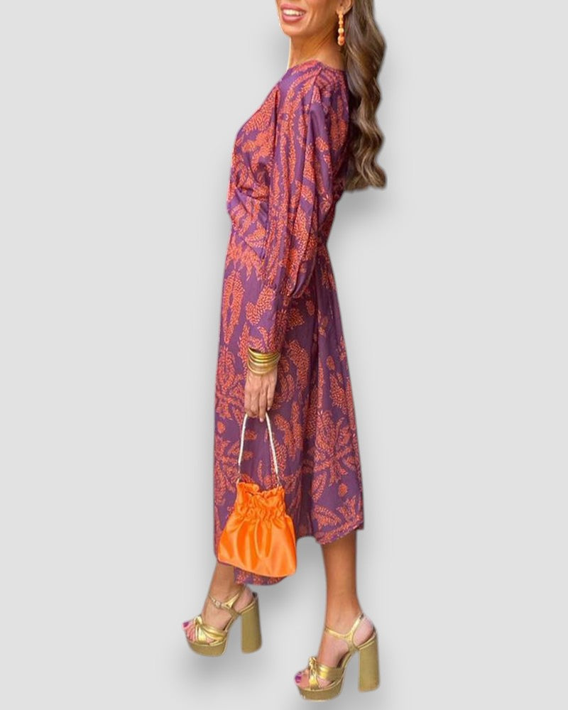 Damen Kleid Langarm V-Ausschnitt Print Knotendetail Elegant-83293-5708eb56-5702-42cd-964b-8958ae70a4ed