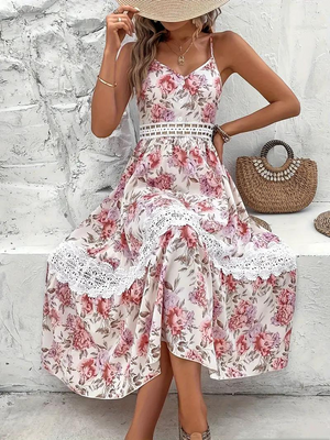Geblümtes Midi-Kleid mit Spitze