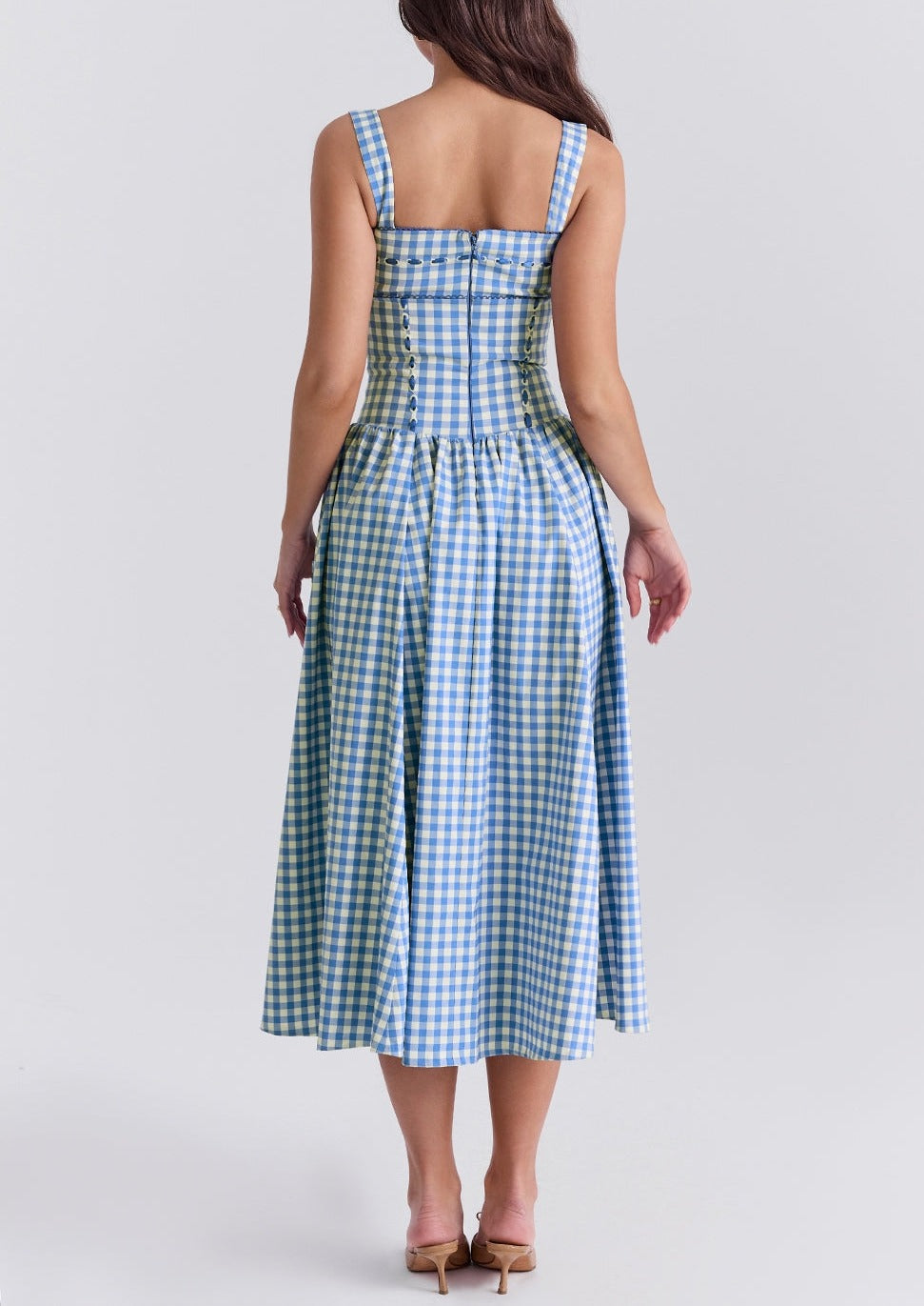 Damen Gingham Kleid – Eckiger Ausschnitt, Knopfdetails, Klassischer Stil-83592-61823281-8a02-433e-885f-19eb7faa024c