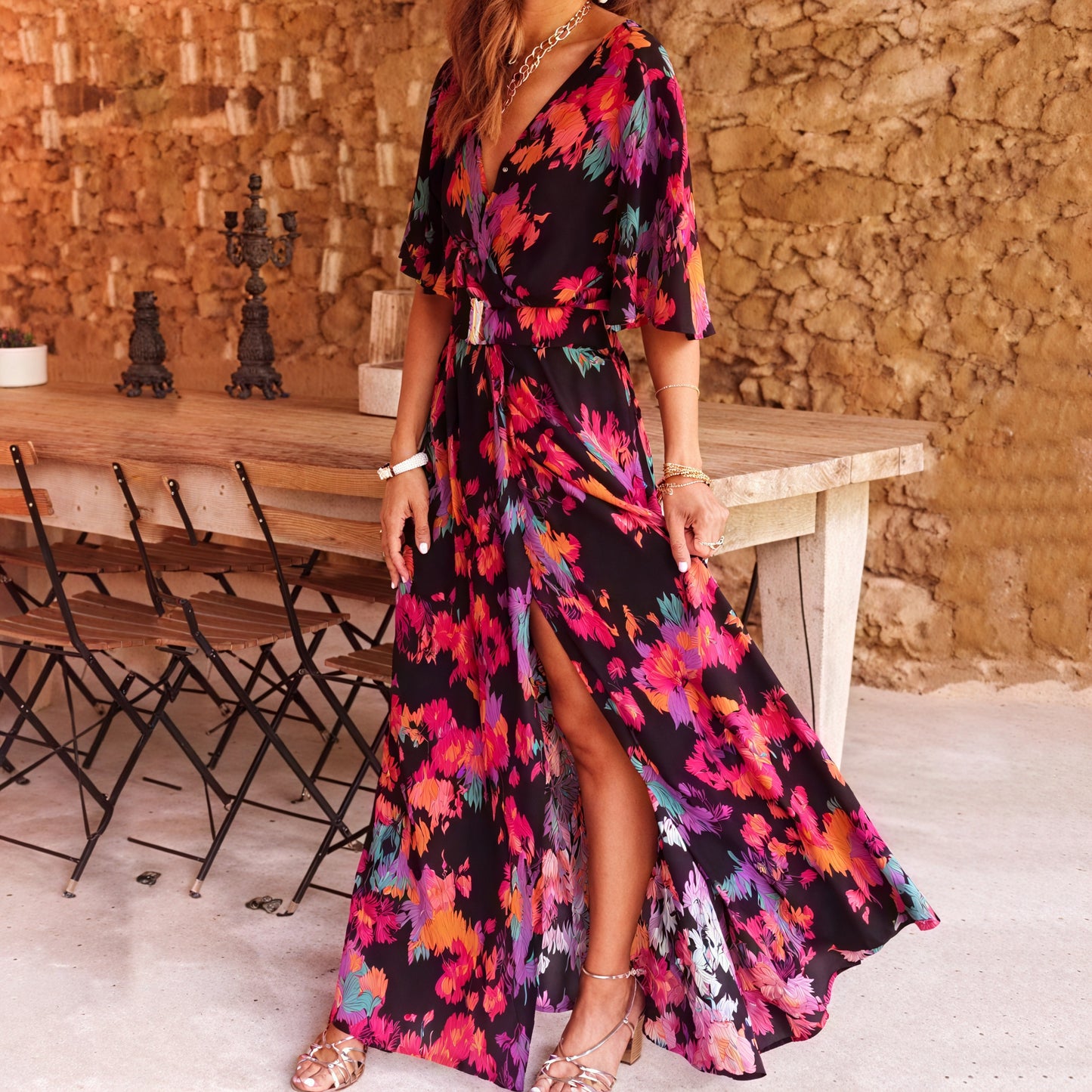 Bohemian Maxi Kleid mit V-Ausschnitt