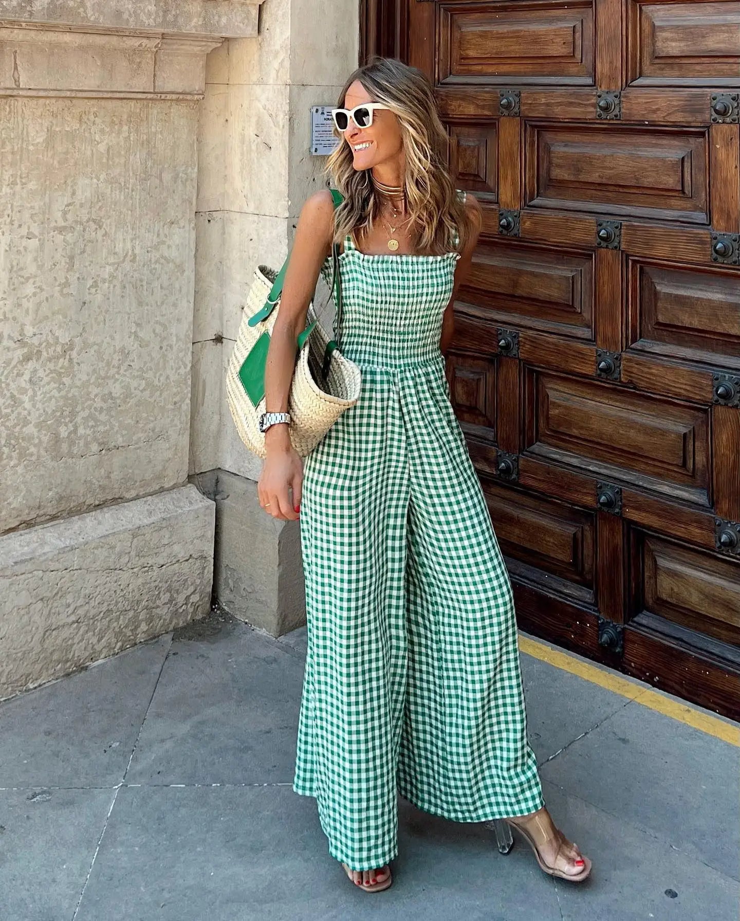 Gingham Jumpsuit mit weitem Bein