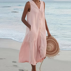 Damen Kleid – Ärmellos, V-Ausschnitt, Knopfleiste, Fließende Silhouette-67015-a78a7dad-652e-4309-8f3b-b75ddf8a9f6e