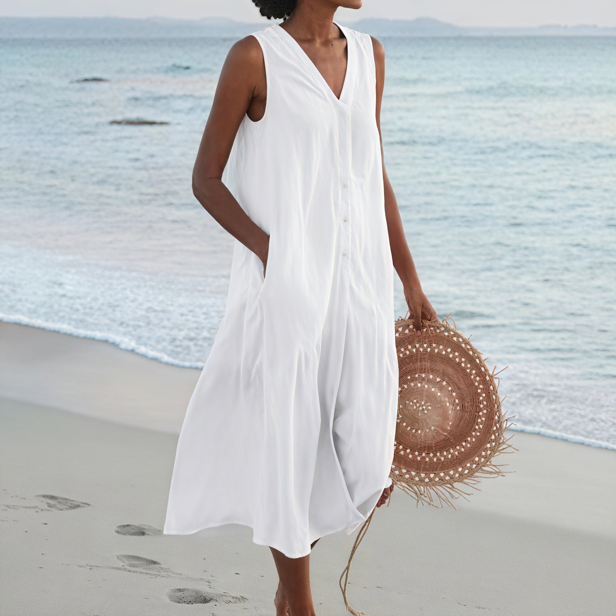 Damen Kleid – Ärmellos, V-Ausschnitt, Knopfleiste, Fließende Silhouette-67015-55f1ee0a-341d-4ebf-a99f-e41d428613ba