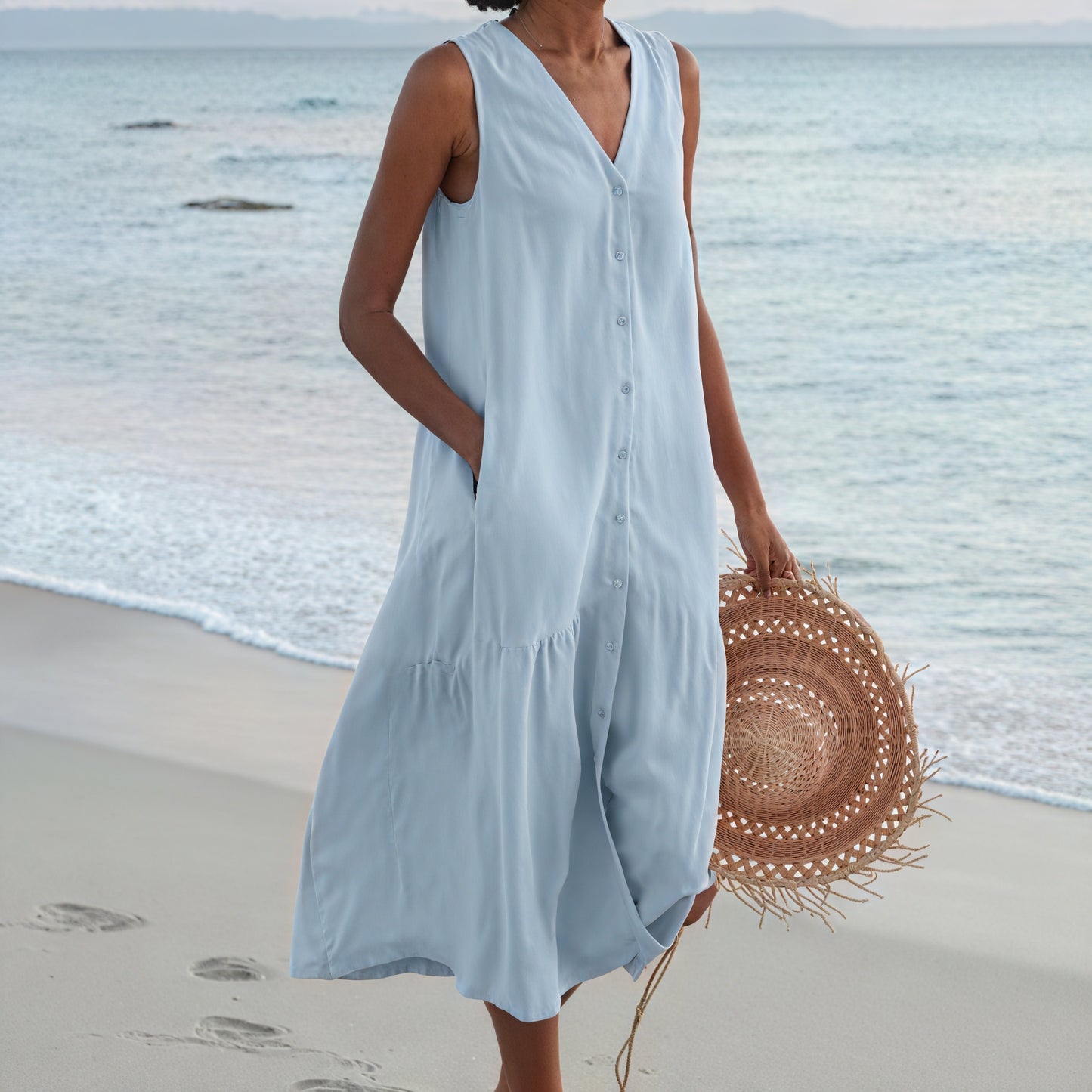 Damen Kleid – Ärmellos, V-Ausschnitt, Knopfleiste, Fließende Silhouette-67015-7b479dc8-6373-4dab-928b-ba5b6964dae9