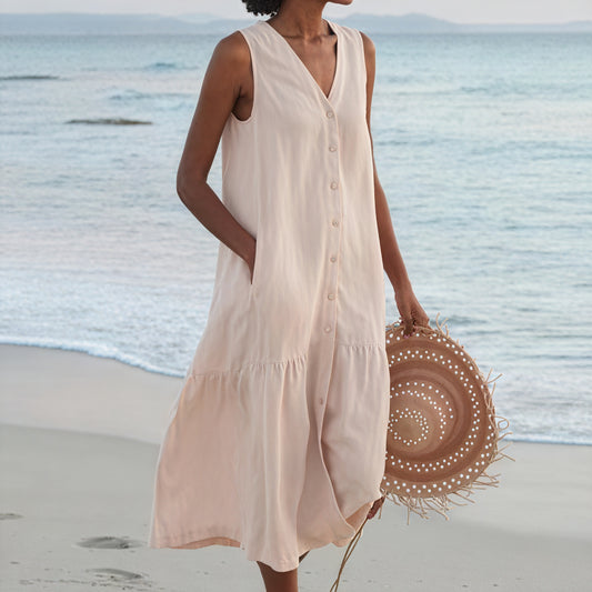 Damen Kleid – Ärmellos, V-Ausschnitt, Knopfleiste, Fließende Silhouette-67015-c9b4baa9-9102-4d14-a47a-6a7f1a1e1793