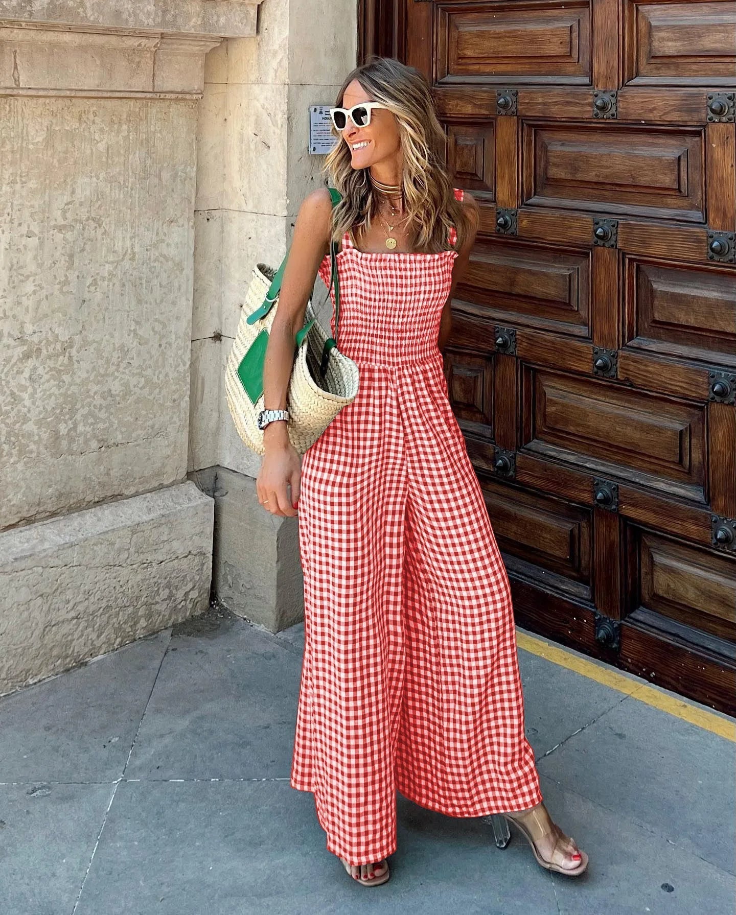 Gingham Jumpsuit mit weitem Bein