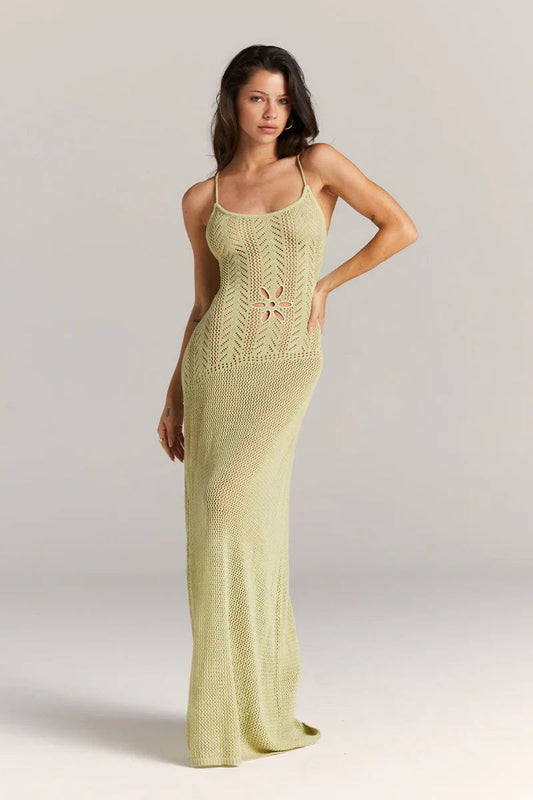 Kleidhaus Damen Strick Maxi-Kleid – Offenes Design, Florale Cutouts, Spaghetti-Träger-83282-695a05dd-9102-4089-9bca-789983b4669e