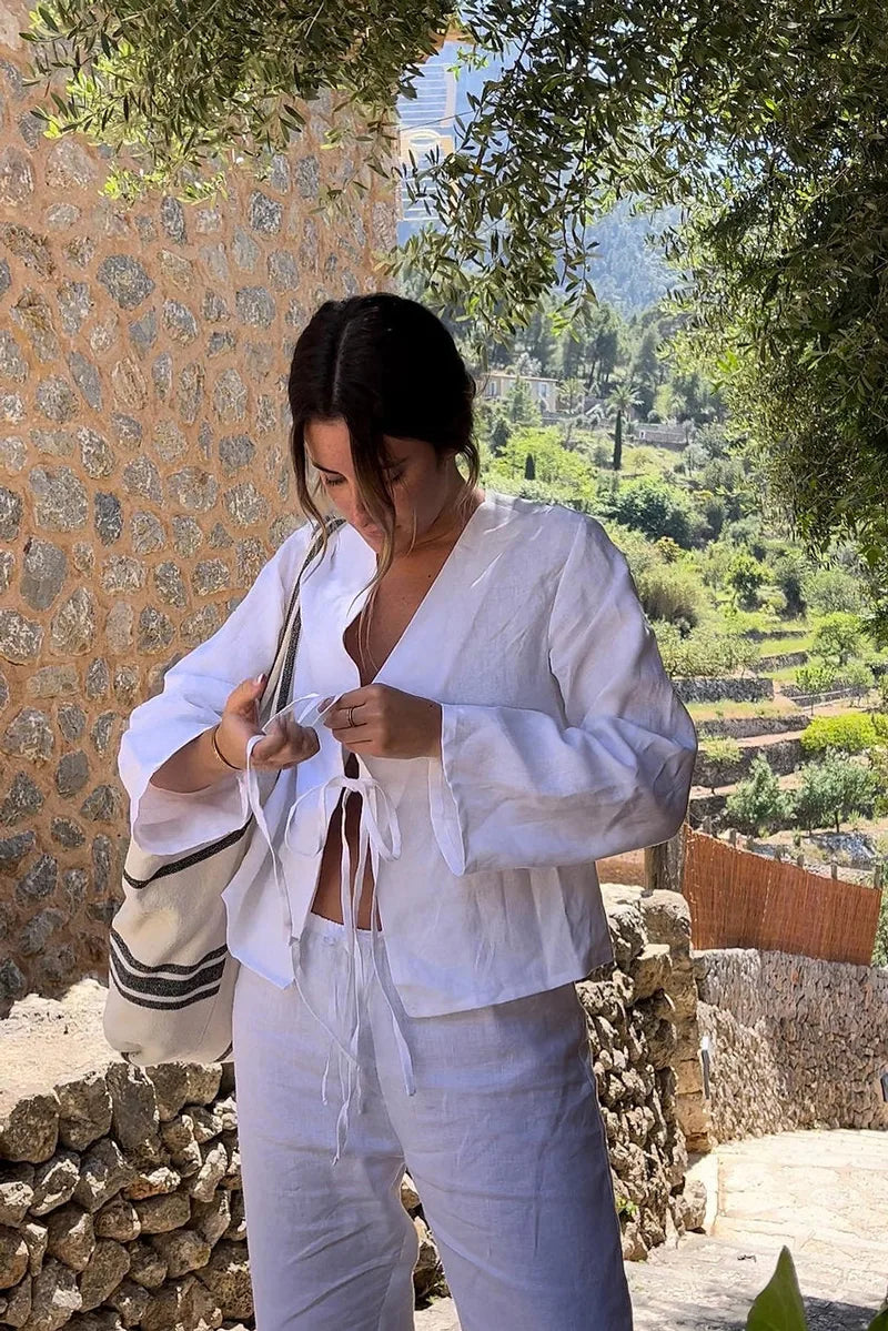 Damen Leinen Zweiteiler – Langarm Top mit Bindedetail & Shorts mit Gummibund, Relaxed Fit-83296-7128b82b-2f99-4a39-bce2-a5e979173fc8