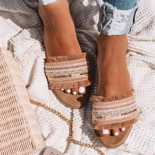 Damen Slide-Sandalen mit Perlen & Fransen – Flache Sohle-73650-851daaf0-b4ad-458f-9a45-2cb2f7d3e834