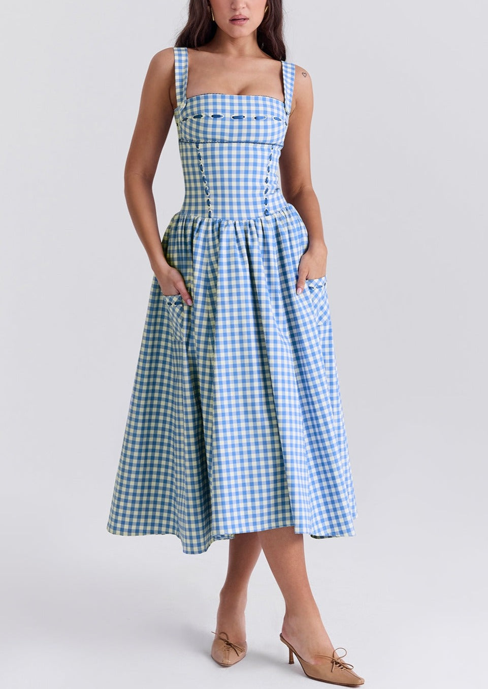 Damen Gingham Kleid – Eckiger Ausschnitt, Knopfdetails, Klassischer Stil-83592-7759cc05-f110-4f25-b0cc-cc21e971c471