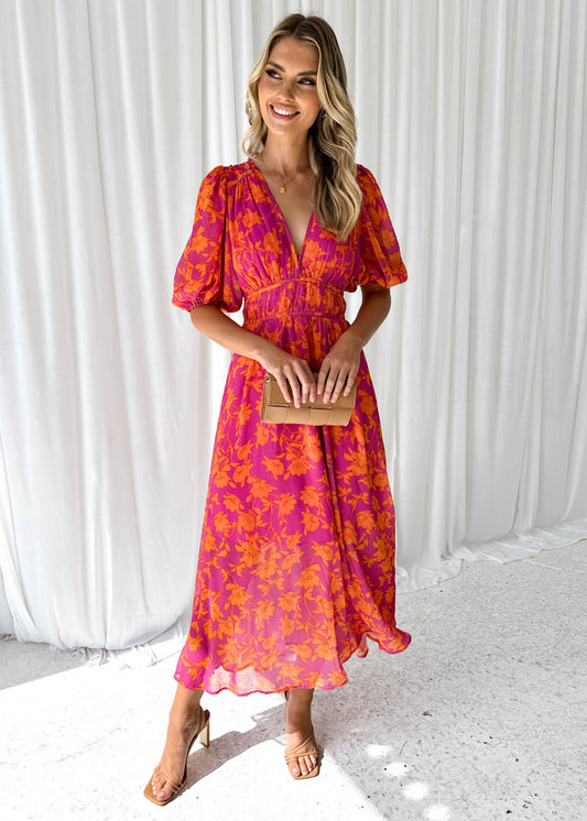 Damen Maxi-Kleid – Blumenmuster, V-Ausschnitt, Kurze Ärmel, Fließend-83294-78cd39b5-1211-42ad-a84b-9fe4c05bea2e