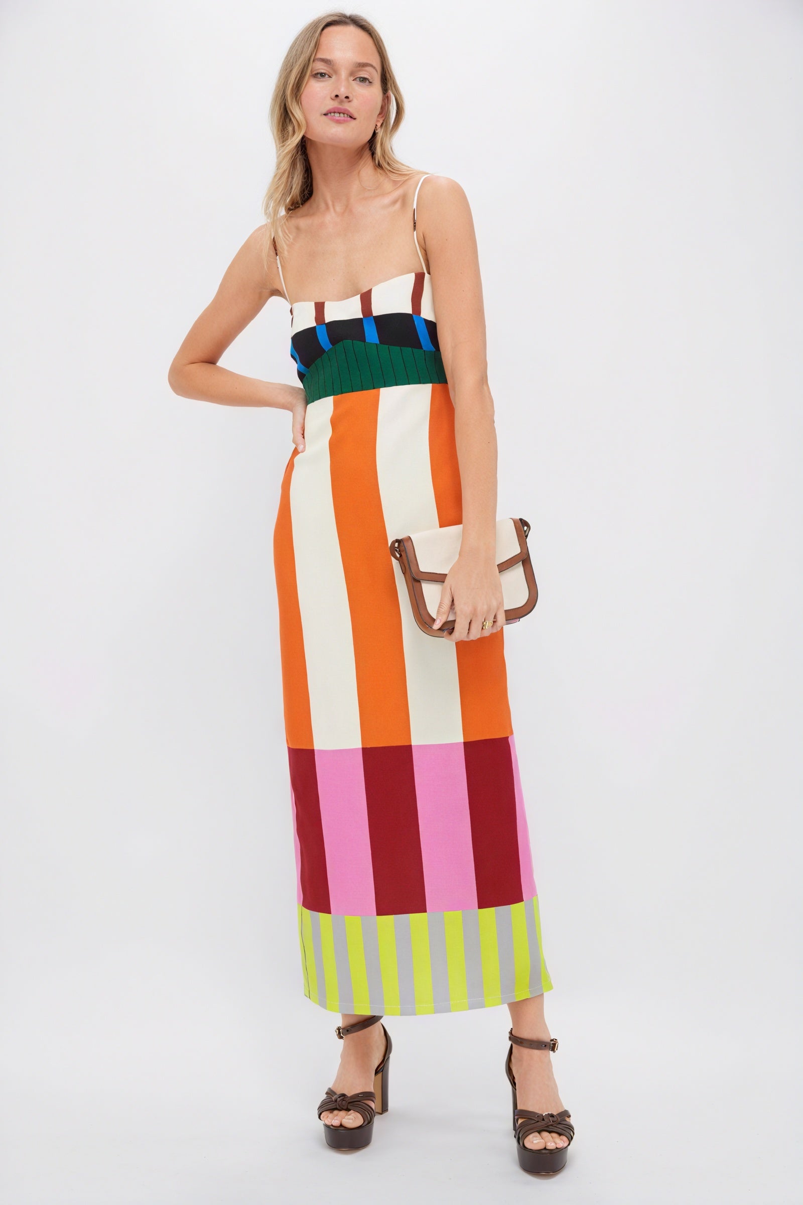 Gestreiftes Maxi-Kleid mit Farbblock-Design