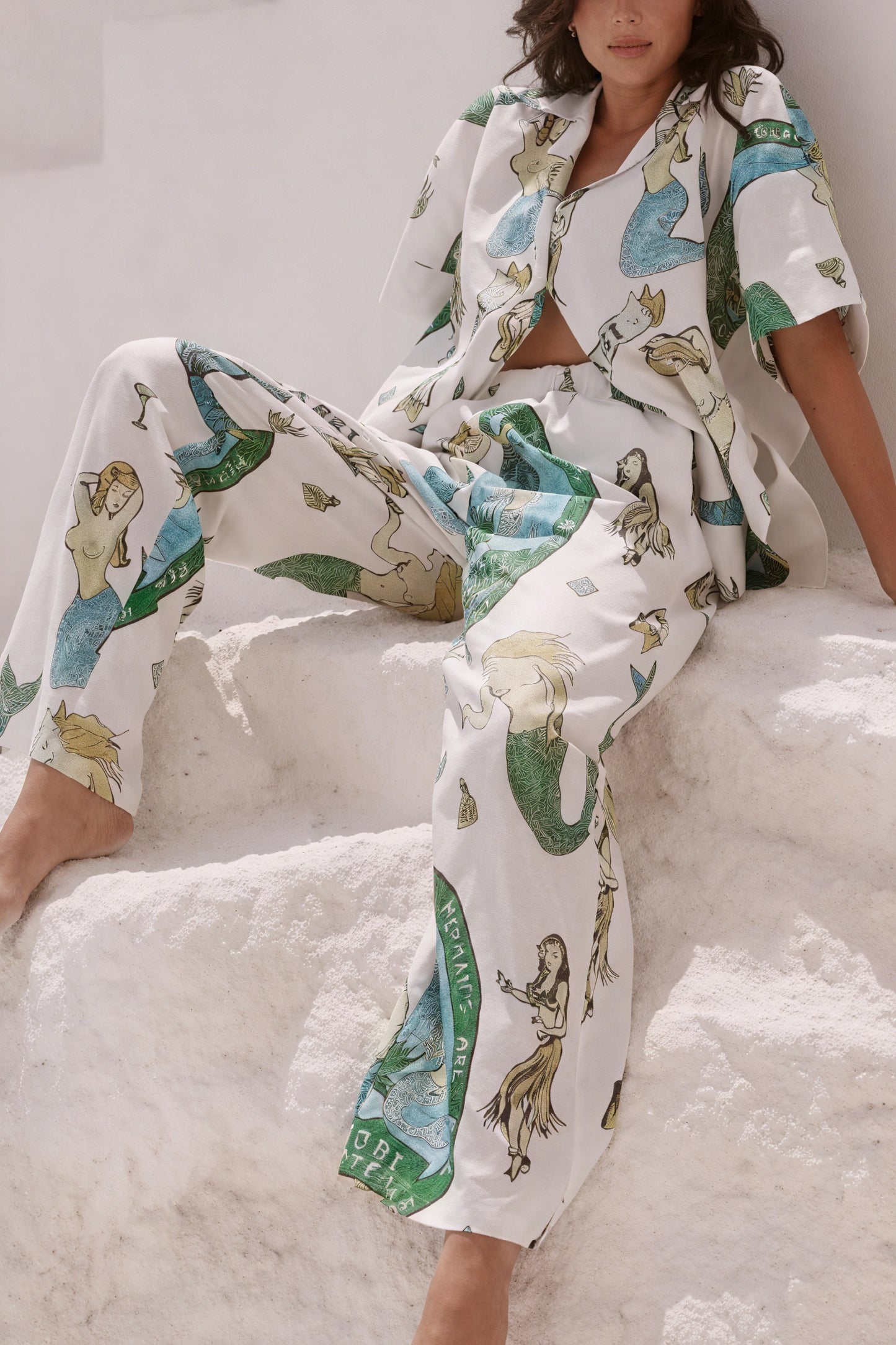 Damen Pyjama Set – Meerjungfrauen-Print, Knopfleisten-Hemd & Hose, Komfort Schlafanzug-79730-319d0b7d-d683-4f5c-9e07-db9048508601