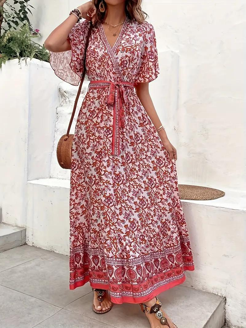 Maxikleid Damen Blumenmuster V-Ausschnitt Bindegürtel Kurzarm Fließend Sommerkleid Bequem Luftig Bohemian Stil-82359-7a21cccf-a0fe-41b2-84ea-e3f917efa1fd