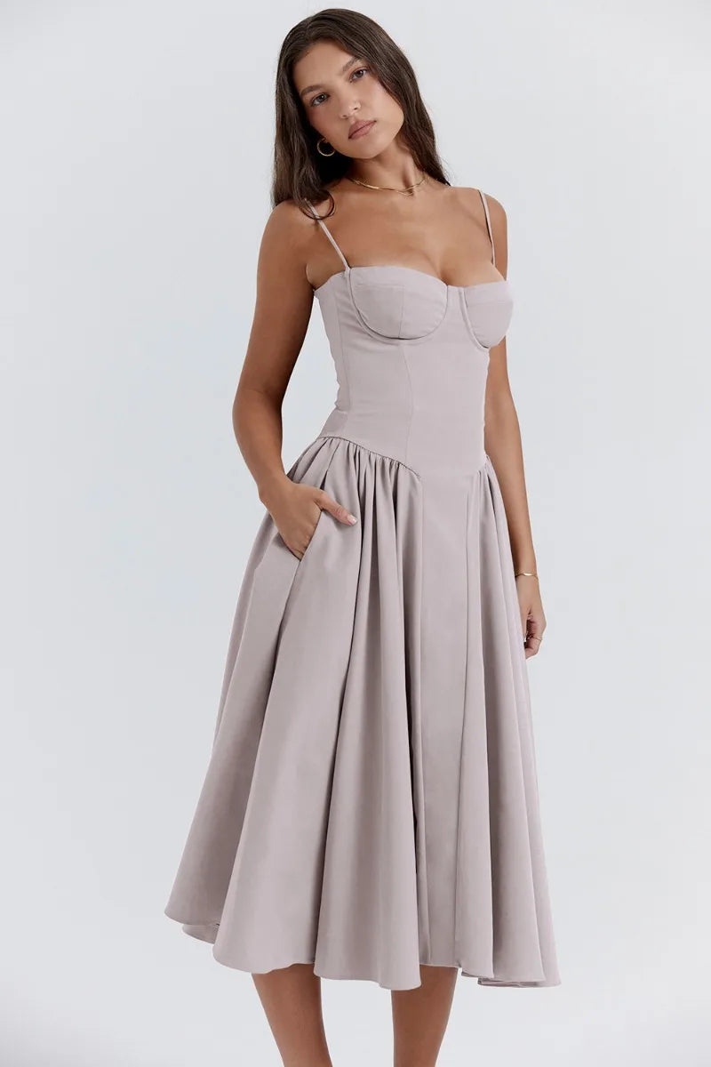 Damen Midi-Kleid mit Spaghettiträgern, plissiertem Rock und Taschen – Elegant-83506-7a50ceae-9c21-443c-acd1-e1803534006f