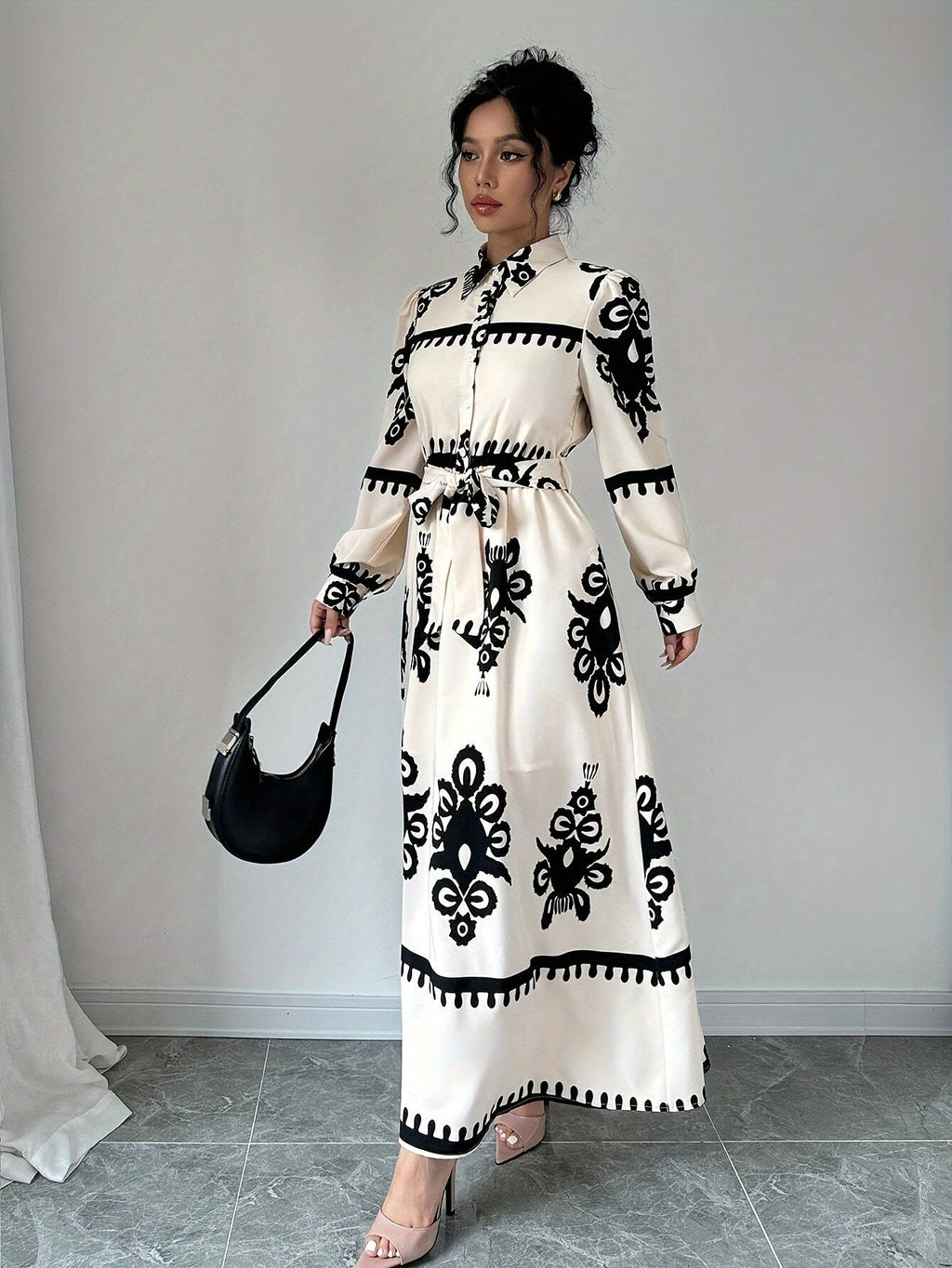 Damen Langarm-Kleid mit Bindegürtel – Gemusterter Print-83357-7cbada7f-a7d2-4cc3-a86b-e58a6c5207c6