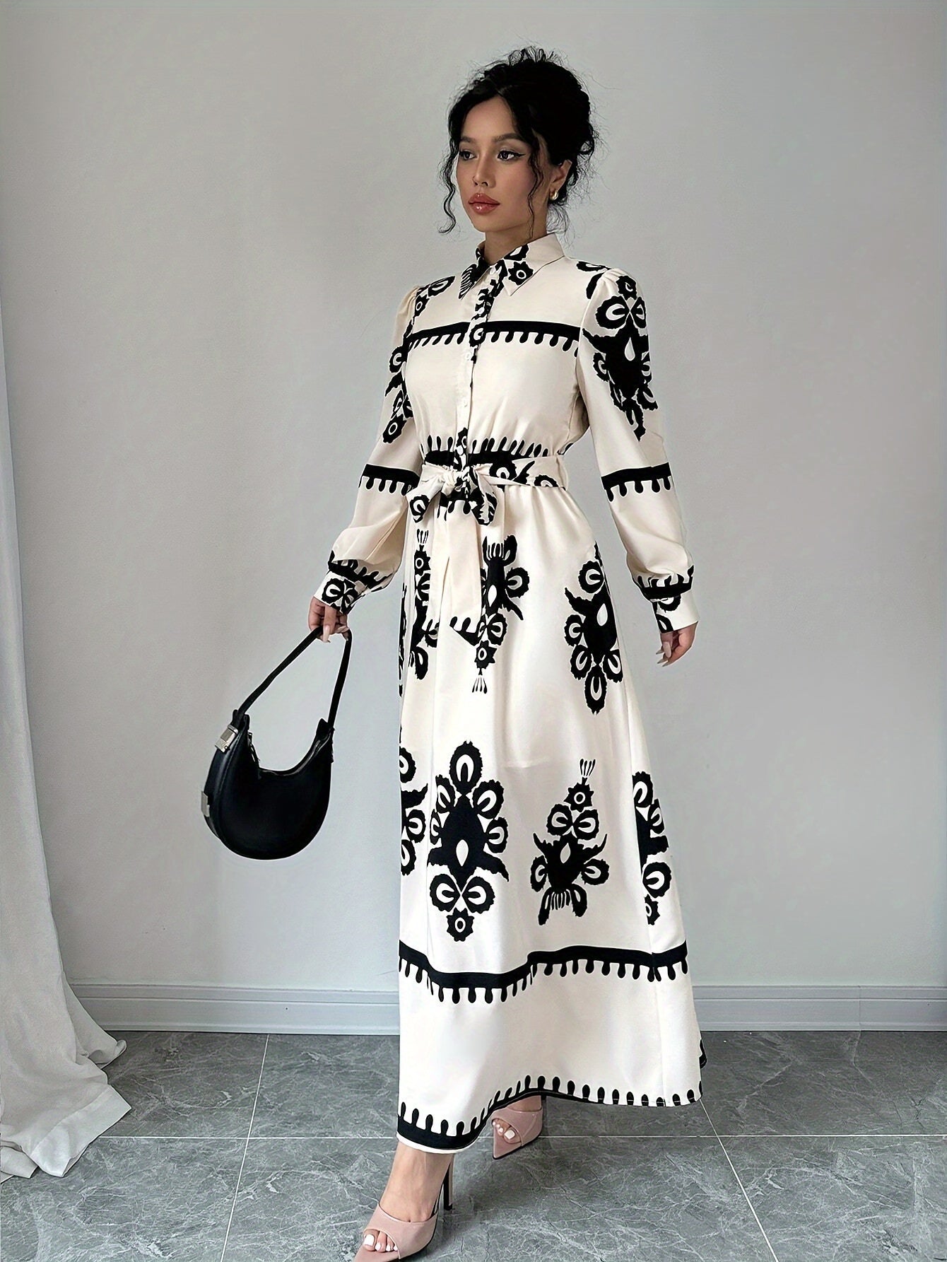 Damen Langarm-Kleid mit Bindegürtel – Gemusterter Print-83357-7cbada7f-a7d2-4cc3-a86b-e58a6c5207c6