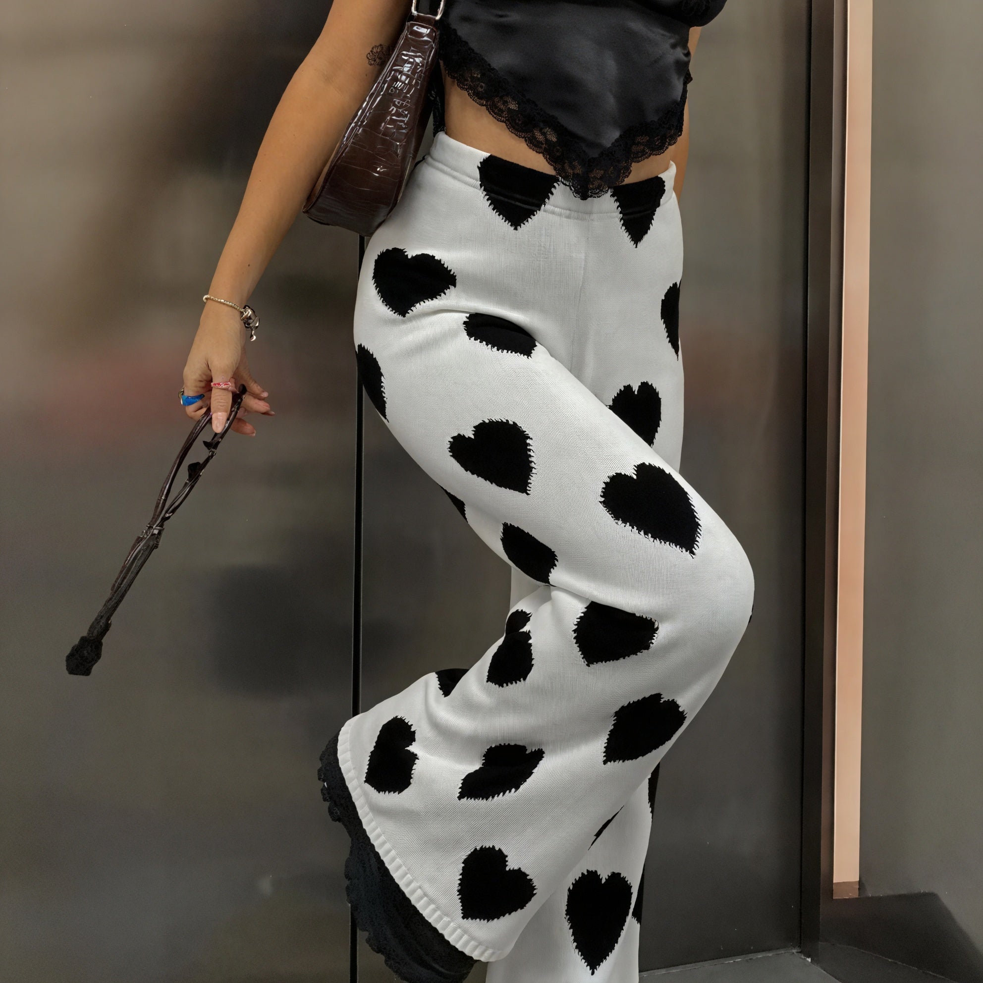 Knit Hose mit Herzmuster, Weites Bein